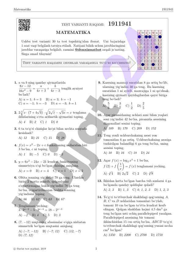 Matematika test variantlari 1911941