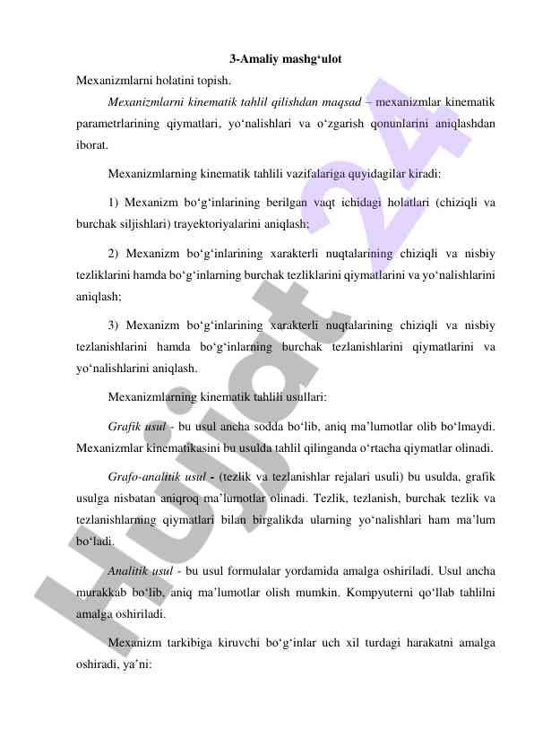 Mexanizmlarni kinematik tahlil qilish usullari