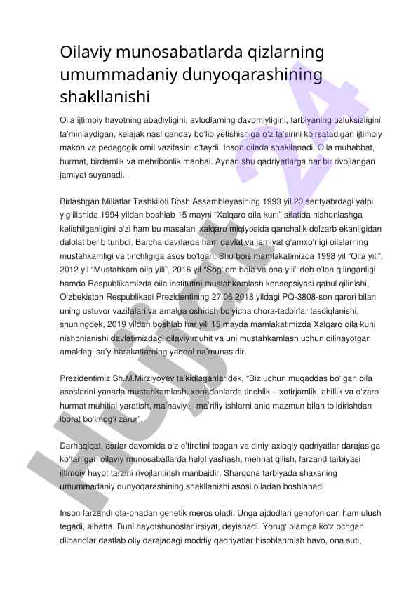 Oila munosabatlari va qizlarning umummadaniy rol