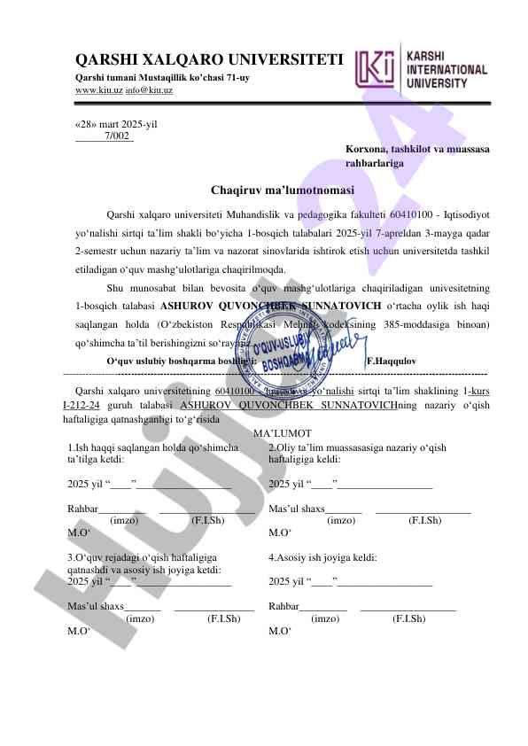 Chaqiruv ma’lumotnomasi iqtisodiyot yo‘nalishi talabalari