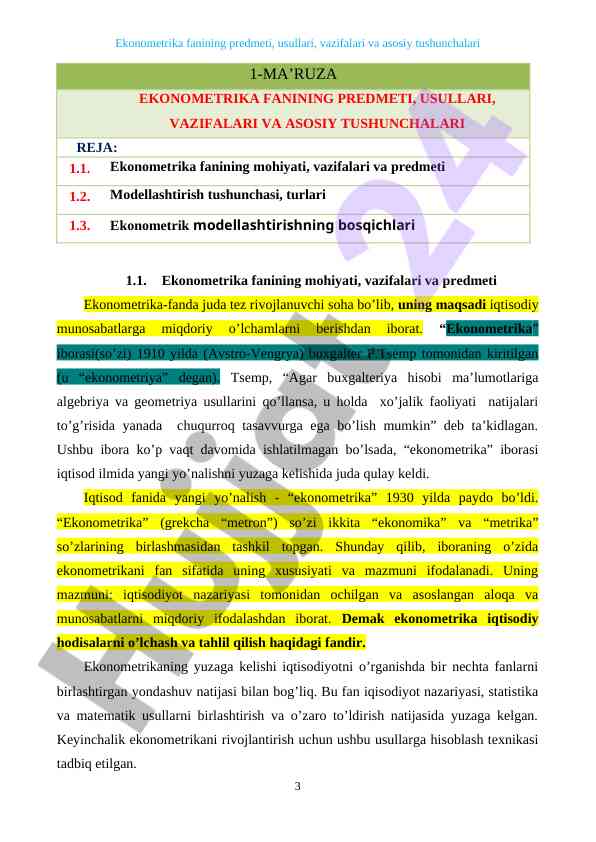 Ekonometrika fanining mohiyati va vazifalari