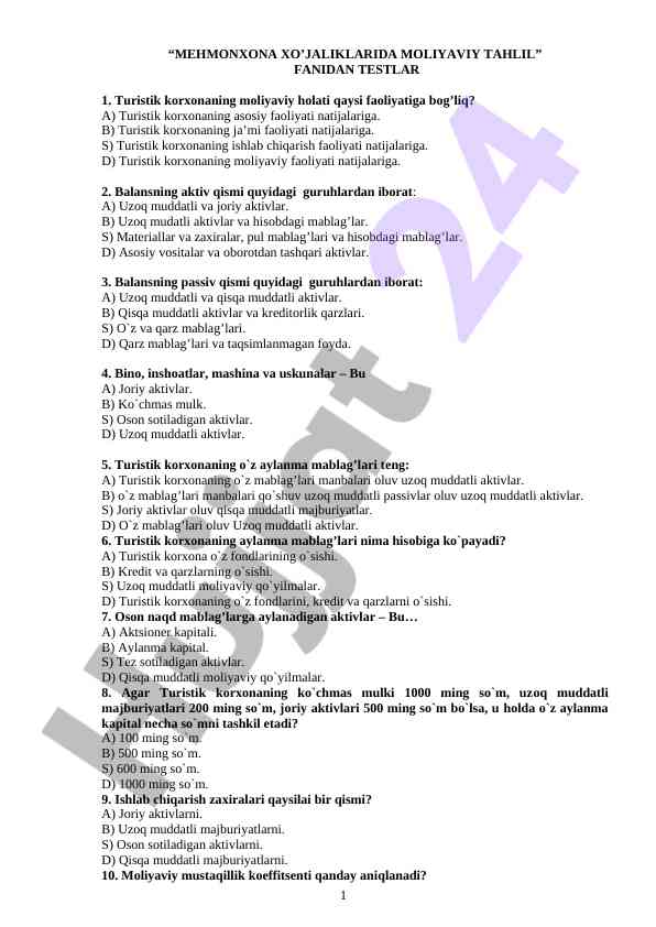Moliya tahlili fanidan testlar