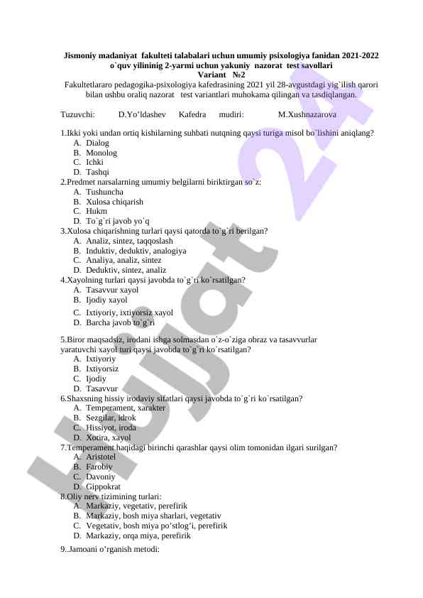 Umumiy psixologiya fanidan yakuniy nazorat test savollari