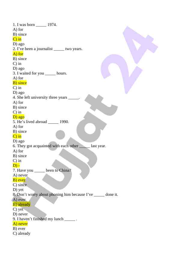 English grammar test on time expressions