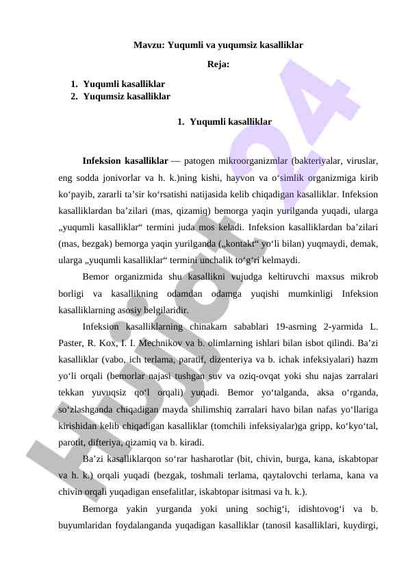 Yuqumli va yuqumsiz kasalliklar