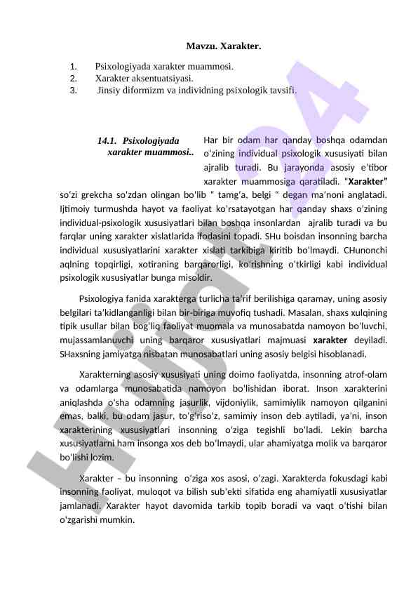 Xarakter muammosi va psixologiya tavsifi