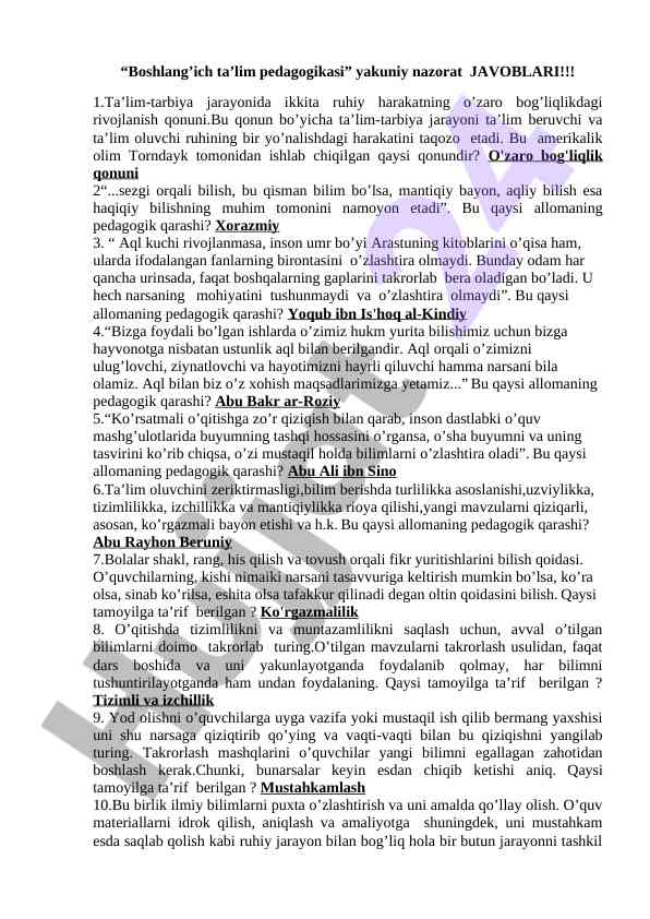 Boshlang’ich ta’lim pedagogikasi nazorati savollari