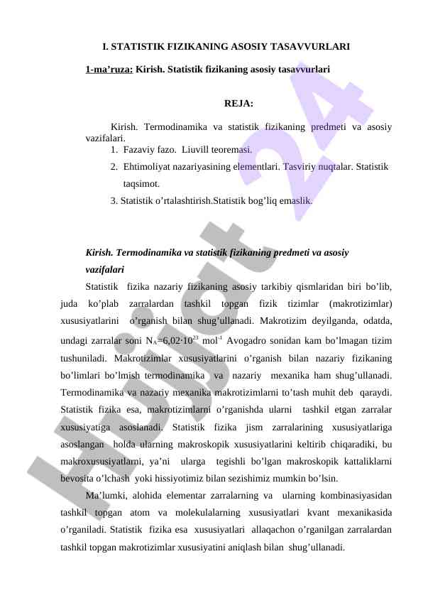 Statistik fizikaning asosiy tasavvurlari ma’ruza