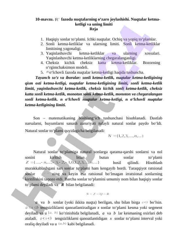 Fazoda nuqtalarning o‘zaro joylashishi va limiti