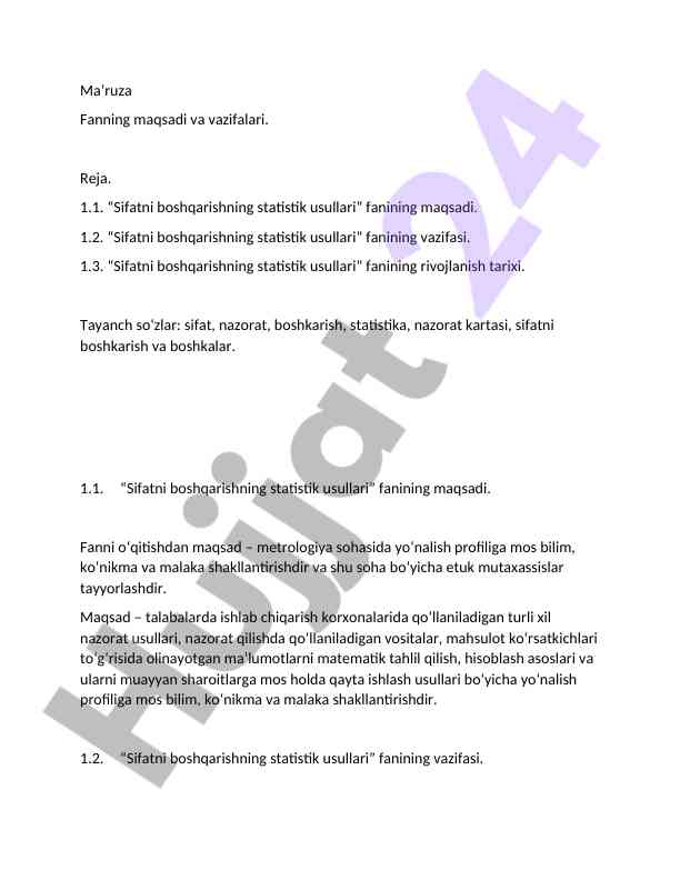 Sifatni boshqarishning statistik usullari maqsadi