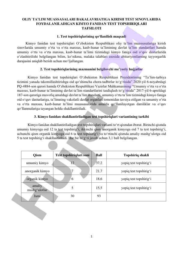 Kimyo fanidan test topshiriqlari tafsiloti