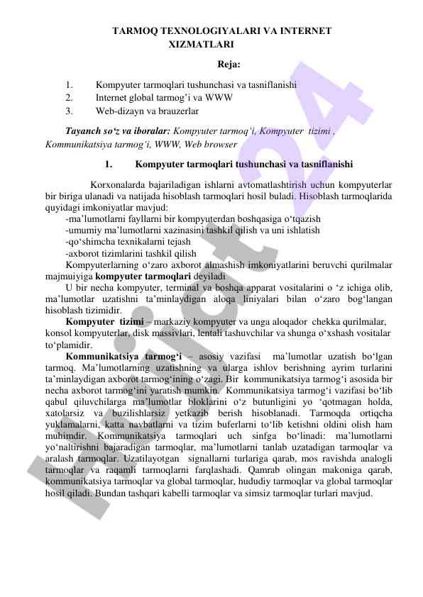 Kompyuter tarmoqlari va internet xizmatlari tahlili