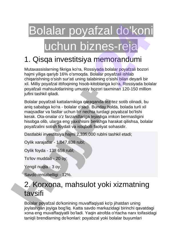 Bolalar poyafzal do'koni uchun biznes-reja