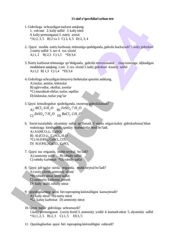 11-sinf o‘quvchilari uchun kimyoviy test