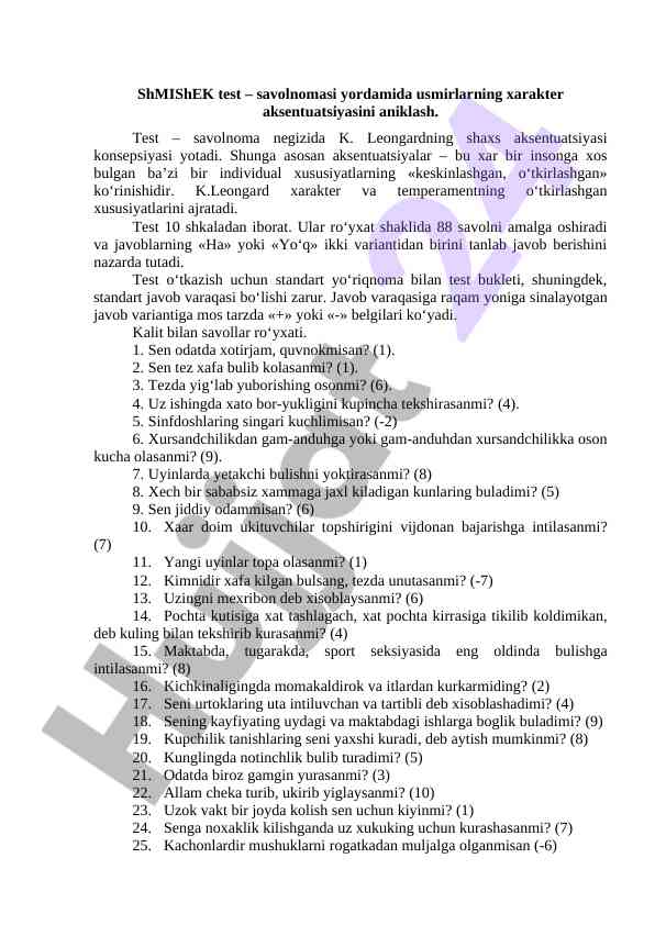 Shmishek testi va aksentuatsiya tahlili