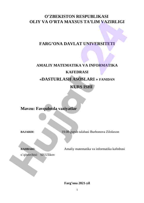 Favqulotda vaziyatlar kurs ishining tahlili